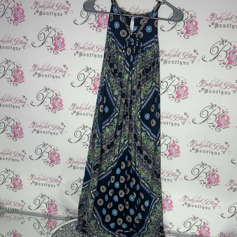 Dress halter keyhole opening Blue and Green Patterned Maxi Dress handkerchief